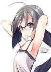  adjusting_hair armpits bad_id bad_pixiv_id black_eyes black_hair glasses kantai_collection kiyoshimo_(kantai_collection) long_hair mouth_hold nekobaka ponytail solo tying_hair 