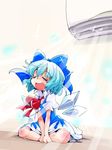  air_conditioner blue_hair bow cirno closed_eyes dress hair_bow ice ice_wings indian_style open_mouth ribbon shinapuu short_hair sitting smile solo touhou wings 