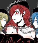  3girls artist_name bare_shoulders blonde_hair blue_hair breasts chains choker cleavage collarbone commentary eyebrows_visible_through_hair eyes_closed grey_background hanemikakko hecatia_lapislazuli long_hair looking_at_viewer multiple_girls multiple_persona o-ring o-ring_choker off-shoulder_shirt open_mouth pale_skin polos_crown red_eyes red_hair shirt simple_background touhou upper_body 