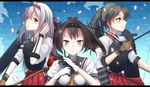  akizuki_(kantai_collection) armor black_hair blue_eyes bow brown_eyes gloves green_hair hairband highres kantai_collection letterboxed multiple_girls nuka_(nvkka) open_mouth ribbon shoukaku_(kantai_collection) teeth twintails white_hair yellow_eyes zuikaku_(kantai_collection) 