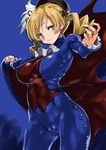  alternate_costume beret blonde_hair breasts cape cosplay covered_nipples demitri_maximoff demitri_maximoff_(cosplay) drill_hair hair_ornament hat large_breasts mahou_shoujo_madoka_magica matador shinama solo tomoe_mami vampire_(game) yellow_eyes 