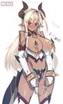 blush breasts chain dark_skin elbow_gloves gloves horns large_breasts long_hair looking_at_viewer mel/a original pasties pointy_ears red_eyes simple_background solo white_background white_hair wrist_cuffs 