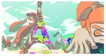  2boys commentary_request domino_mask eiffel_tower france inkling inoue_seita landmark long_hair mask multiple_boys official_art orange_eyes orange_hair paint paint_roller paris red_eyes red_hair shoes sneakers splatoon_(series) splatoon_1 tentacle_hair 