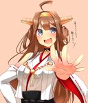  :d ahoge bare_shoulders blue_eyes blush brown_hair choker commentary detached_sleeves double_bun hairband headgear highres japanese_clothes kantai_collection kongou_(kantai_collection) long_hair looking_at_viewer nontraditional_miko open_mouth outstretched_hand remodel_(kantai_collection) ribbon-trimmed_sleeves ribbon_trim simple_background smile solo translated tree tsukui_kachou upper_body very_long_hair 