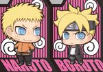  2boys @_@ ahoge blonde_hair blue_eyes boruto:_the_movie chibi father_and_son forehead_protector frown hands_in_pockets hands_on_hips multiple_boys naruto necklace official_art open_jacket spiked_hair striped_background uzumaki_boruto uzumaki_naruto whiskers yuupon 