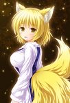 animal_ears blonde_hair blush breasts fang fox_ears fox_tail large_breasts looking_at_viewer multiple_tails nagana_sayui no_hat no_headwear open_mouth short_hair smile solo tail touhou yakumo_ran yellow_eyes 