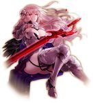  apt armor black_wings blood blood_on_face breasts gauntlets gorget greaves gyakushuu_no_fantasica huge_breasts long_hair looking_at_viewer official_art pauldrons red_eyes silver_hair sitting solo sword transparent_background very_long_hair weapon wings 