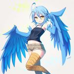  :d ahoge armpits bare_shoulders blue_hair blue_wings blueberry_(5959) blush denim denim_shorts feathered_wings feathers harpy highres looking_at_viewer midriff monster_girl monster_musume_no_iru_nichijou navel open_mouth papi_(monster_musume) revision short_hair short_shorts shorts simple_background smile solo tank_top wings yellow_eyes 