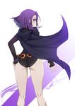  ass cape dc_comics from_behind grey_skin highres kneepits leotard looking_back purple_eyes purple_hair raven_(dc) short_hair solo stormcow teen_titans 