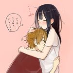  1girl black_hair brown_hair check_translation closed_eyes couple hetero hug kitashirakawa_tamako long_hair momose_(oqo) ooji_mochizou short_hair smelling tamako_market translation_request 