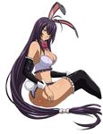  animal_ears ass black_legwear blue_eyes bow breasts bunny_girl bustier dark_skin female ikkitousen kan&#039;u_unchou kan'u_unchou lace lace-trimmed_thighhighs large_breasts legs long_hair long_legs looking_at_viewer looking_back purple_hair ribbon simple_background sitting solo thighhighs thighs thong very_long_hair 