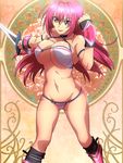  1girl bad_anatomy between_breasts bikini bikini_warriors breasts cleavage female fighter_(bikini_warriors) highres large_breasts lipstick long_hair makeup navel pink_eyes pink_hair red_lipstick screencap smile solo stitched swimsuit sword tagme weapon 