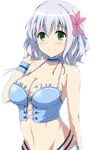  amagi_brilliant_park blue_hair breasts cleavage collar collarbone earrings extraction flower green_eyes hair_flower hair_ornament jewelry large_breasts looking_at_viewer midriff muse_(amaburi) navel smile solo transparent_background 