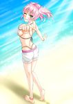  ass bare_shoulders barefoot belt bikini_top blush bow bracelet breasts butt_crack female from_behind gradient gradient_background grin hair_bow idolmaster idolmaster_cinderella_girls jewelry jougasaki_mika large_breasts looking_at_viewer looking_back ocean pink_hair shirouzu_myuuta short_hair short_shorts shorts smile solo thong twintails whale_tail wink yellow_eyes 