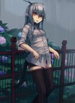  bee_(deadflow) concon-collector green_eyes horns kuryuu_kohaku orange_eyes pointy_ears rain tail thighhighs wet zettai_ryouiki 