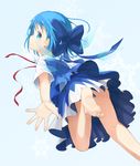  bare_legs barefoot blue_dress blue_eyes blue_hair bow cirno convenient_leg dress hair_bow highres hoshifune ice ice_wings shirt short_sleeves smile solo touhou upskirt wings 