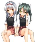  2girls blush green_eyes green_hair hair_ribbon hand_in_hair hand_on_hand headband kantai_collection long_hair mizushina_minato multiple_girls no_legwear pleated_skirt ribbon shoukaku_(kantai_collection) skirt twintails white_background white_hair yellow_eyes zuikaku_(kantai_collection) 