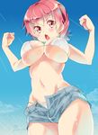  :o alternate_costume artist_name bikini bikini_bottom bikini_top breasts clenched_hands colombia_pose day highres imu_sanjo jpeg_artifacts kantai_collection kinu_(kantai_collection) large_breasts looking_at_viewer navel open_mouth pose red_eyes red_hair short_hair shorts sky solo swimsuit unbuttoned v-shaped_eyebrows white_bikini 