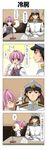  &gt;_&lt; 1boy 1girl 4koma admiral_(kantai_collection) blowing blush closed_eyes comic desk embarrassed gloves grey_eyes hat highres kantai_collection military military_uniform neck_ribbon open_mouth pink_hair rappa_(rappaya) red_neckwear red_ribbon ribbon shiranui_(kantai_collection) translated uniform white_gloves writing 
