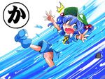  blue_eyes blue_hair commentary hair_bobbles hair_ornament hat kawashiro_nitori key open_mouth outstretched_arms river shinapuu short_hair skirt solo touhou twintails two_side_up water 