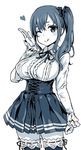  ;q asanagi breasts corset imai_midori large_breasts long_hair long_sleeves looking_at_viewer meme_attire monochrome one_eye_closed open_mouth shirobako side_ponytail skirt smile solo thighhighs tongue tongue_out virgin_killer_outfit white_background 