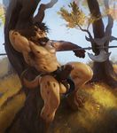  2015 abs amber_eyes anthro arm_pit_hair balls black_nipples clothing darkgem erection halberd hyena loincloth male mammal melee_weapon muscles nipples pecs penis polearm tree weapon 