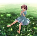 absurdres amamiya_inari bad_id bad_pixiv_id bangs barefoot blush brown_hair clover clover_(flower) daisy dress eyebrows_visible_through_hair feet field fingers_together flower flower_field full_body highres holding holding_flower original outdoors ponytail purple_eyes short_hair short_sleeves sitting smile solo 