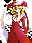  bad_id bad_pixiv_id blonde_hair checkered checkered_floor dress elly hat hat_ribbon holding holding_scythe ribbon scythe smile stardust8090 touhou touhou_(pc-98) yellow_eyes 