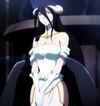  1girl albedo bare_shoulders black_hair breasts cleavage demon demon_girl dress female gloves highres hip_vent horns large_breasts long_hair looking_at_viewer overlord overlord_(maruyama) purple_hair screencap solo stitched succubus wings yellow_eyes 