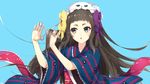  animal aqua_eyes brown_hair commentary_request cutting_hair japanese_clothes kimono long_hair mari_mari nitaka_(fujikichi) ribbon scissors show_by_rock!! solo yukata 