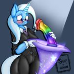  2015 animal_genitalia anthro anthrofied b00mbutt blush clothing cum cum_on_face equine female friendship_is_magic gloves glowing hair hat holding horn horsecock mammal multicolored_hair my_little_pony necktie penis purple_eyes rainbow_cock suirano trixie_(mlp) two_tone_hair unicorn wizard_hat 