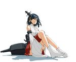  bare_shoulders black_hair detached_sleeves hair_ornament kantai_collection long_sleeves machinery nontraditional_miko red_eyes red_skirt shirubaburu short_hair simple_background sitting skirt solo turret white_background yamashiro_(kantai_collection) 