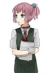  blue_eyes choker gloves hita_(hitapita) kantai_collection neck_ribbon papers pink_hair ponytail red_neckwear red_ribbon ribbon school_uniform shiranui_(kantai_collection) short_hair solo vest 