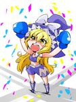  alternate_costume arms_up blonde_hair bow boxing_gloves braid confetti hair_bow hat kirisame_marisa long_hair open_mouth ribbon shinapuu shorts smile solo sports_bra tears touhou witch_hat yellow_eyes 