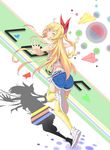  1girl artist_request blonde_hair blue_eyes blush cheese_kang chesse_kang female full_body kirisaki_chitoge long_hair looking_at_viewer nisekoi one_eye_closed ponytail ribbon shorts simple_background smile solo striped_background thighhighs wink 