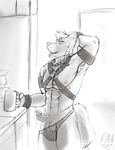  anthro balls bitnarukami bondage_gear canine coffee dog erection hair leather leather_harness male mammal muscles penis precum solo tongue 