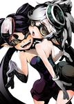  aori_(splatoon) bare_shoulders domino_mask dress fangs gloves hotaru_(splatoon) mask mole mole_under_eye multiple_girls neichiru object_on_head one_eye_closed open_mouth pointy_ears short_jumpsuit splatoon_(series) splatoon_1 white_gloves 