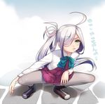  ahoge asashimo_(kantai_collection) hair_over_one_eye highres kantai_collection long_hair pantyhose ponytail school_uniform silver_hair solo squatting translation_request youqiniang 