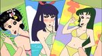  bikini blush breasts crayon_shin-chan green_hair harem huge_breasts large_breasts multiple_girls one_eye_closed ponytail purple_hair swimsuit 