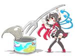  :q arms_up asymmetrical_wings black_hair can dress fork houjuu_nue minigirl red_eyes shinapuu short_hair simple_background smile solo tongue tongue_out touhou white_background wings 