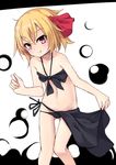  arai_togami bikini black_bikini blonde_hair blush bra collarbone darkness fang fang_out hair_ornament hair_ribbon highres looking_at_viewer midriff navel panties ribbon rumia sarong short_hair smile solo swimsuit touhou underwear white_background 