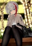  1girl admiral_graf_spee_(azur_lane) aran_sweater azur_lane bag bangs black_choker black_legwear black_skirt blue_eyes blurry blurry_background blush cellphone chin_rest choker christmas christmas_lights closed_mouth commentary_request depth_of_field feet_out_of_frame grey_hair grey_sweater hair_between_eyes head_tilt highres holding holding_phone jewelry kinokorec knees_together_feet_apart light long_sleeves looking_at_viewer miniskirt multicolored_hair pantyhose phone red_hair ring short_hair shoulder_bag shoulder_cutout sidelocks sitting skirt sleeves_past_wrists smile solo streaked_hair sweater 