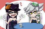  /\/\/\ 2girls :d aori_(splatoon) black_hair blush breasts cleavage closed_eyes cup detached_collar domino_mask drinking_straw earrings fangs food food_on_head grey_hair grin hotaru_(splatoon) jewelry long_hair mask medium_breasts mole mole_under_eye multiple_girls object_on_head open_mouth pointy_ears short_hair smile splatoon_(series) splatoon_1 starbucks symbol-shaped_pupils tentacle_hair usa_(dai9c_carnival) yellow_eyes 