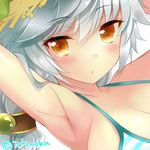  alternate_costume armpits arms_up asymmetrical_hair bikini blush braid breasts close-up collarbone face hat ichiyou_moka jpeg_artifacts kantai_collection looking_at_viewer medium_breasts sideboob silver_hair single_braid solo straw_hat swimsuit unryuu_(kantai_collection) wavy_hair yellow_eyes 