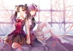  black_dress black_hair bow collarbone dress elise_(piclic) fate/stay_night fate_(series) grey_eyes hair_bow hair_ribbon highres holding_hands long_hair looking_at_viewer matou_sakura multiple_girls petals pink_eyes puffy_short_sleeves puffy_sleeves purple_hair red_string ribbon short_sleeves sitting sleeveless sleeveless_dress string toosaka_rin twintails 