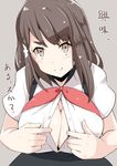  &gt;:) breasts brown_eyes brown_hair cleavage gatchaman_crowds hair_ornament ichinose_hajime kichihachi large_breasts long_hair looking_at_viewer open_clothes open_shirt paizuri_invitation school_uniform shirt skirt smile solo translated v-shaped_eyebrows 