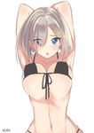  arms_behind_head artist_name bikini black_bikini blue_eyes breast_lift breasts cleavage collarbone covered_nipples hair_ornament hairclip hamakaze_(kantai_collection) kantai_collection large_breasts looking_at_viewer navel open_mouth sensen silver_hair simple_background solo swimsuit white_background 