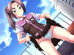  1girl angry dutch_angle eroge eyebrows frown game_cg maruyama_sanae outdoors panties pantyshot school_uniform serafuku shin_yarasete!_teacher skirt_lift sky small_breasts solo tryset underwear 