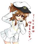  ;d admiral_(kantai_collection) admiral_(kantai_collection)_(cosplay) alternate_costume brown_eyes brown_hair cosplay folded_ponytail gloves hat highres inazuma_(kantai_collection) kantai_collection kouda_suzu long_hair long_sleeves military military_uniform one_eye_closed open_mouth peaked_cap pleated_skirt ponytail salute simple_background skirt smile solo translated uniform white_background white_gloves white_skirt 