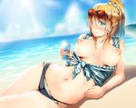  ayase_eli bad_id bad_pixiv_id beach blonde_hair blue_eyes blush brand_name_imitation breasts chiiutsu_(cheewts) day eyewear_on_head highres large_breasts long_hair looking_at_viewer love_live! love_live!_school_idol_project lying nipples on_side outdoors ponytail red_bull smile solo sunglasses water 